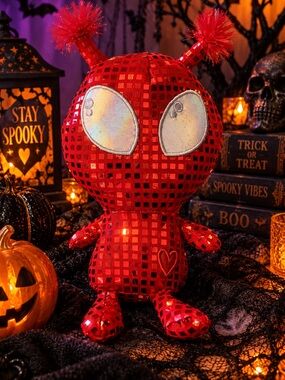 Red Glitter Disco Ball Alien Plush Halloween Decor